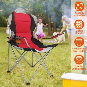 Foldable Camping Chair Heavy Duty Steel Lawn Chair Padded Seat Arm Back Beach Chair 330LBS Max Load with Cup Holder Carry Bag (Color: Red)