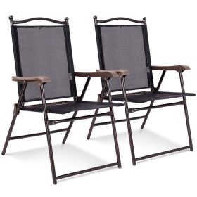 Set of 2 Patio Folding Sling Back Chairs Camping Deck Garden Beach Black (Color: Black)